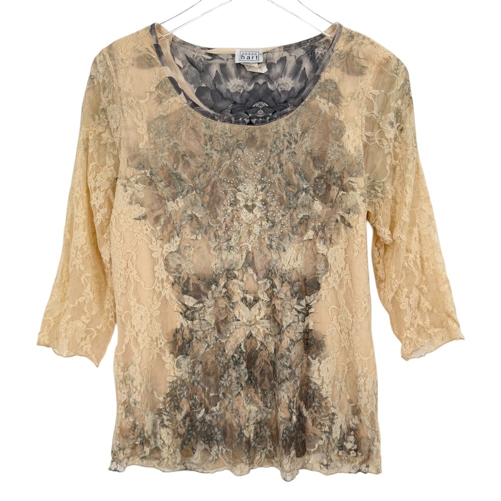 VTG Y2K Lace Rhinestone Top Size L Fairy Ethereal Angelcore Grunge Mesh